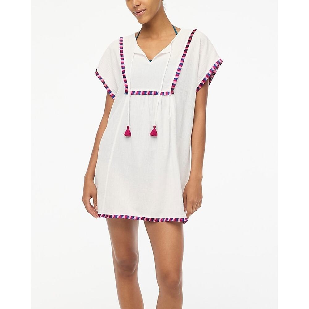 J. Crew Women's Fringe Beach Cover Up Tunic Top Short Sleeve White Size L NWT